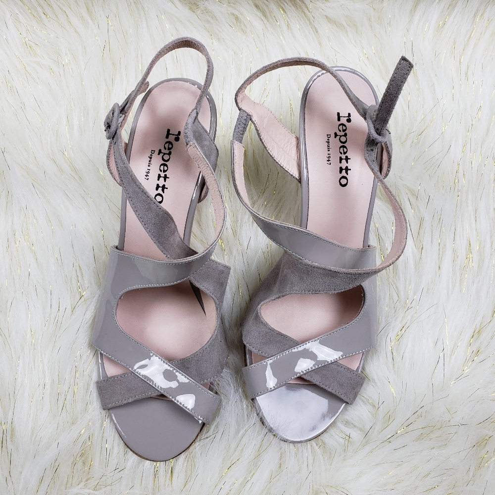 Repetto Bamba Patent/Suede Grey Heels Sz 7.5